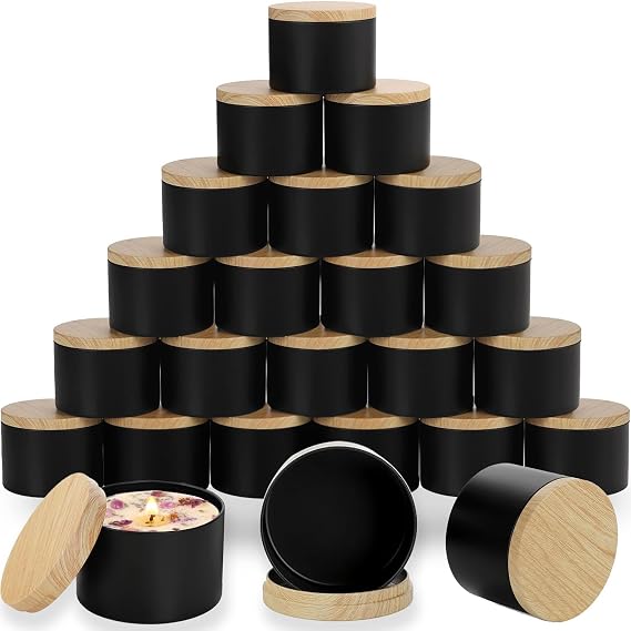 ABK 4oz Black Candle Tins,24 PCS Candle Jars with Lids for Candle Making | Candle Tins With Wood Grain Lids;Jars for Making Candles;Seamless Construction with Matte Finish;Heat and Corrosion Resistant