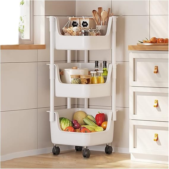 Kitchen Storage Rack Kitchen Corner Trolley Shelf Floor-to-Ceiling Multi-Layer Movable Household Trolley Multi-Functional Vegetable Basket Storage Shelf Rotating Storage Rack Kitchen, Large, Grey