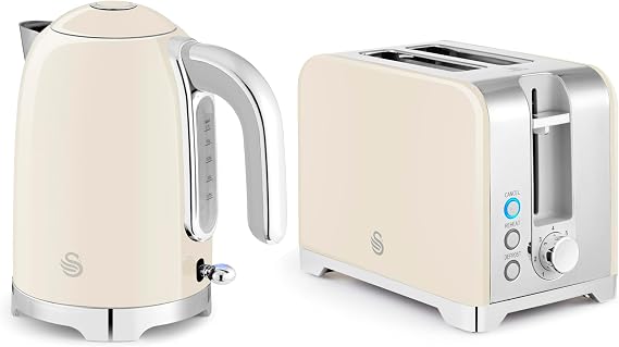 Swan Solace Kitchen Set, 1.7L Kettle, 930W 2 Slice Toaster, SK19026CRM + ST19031CRM, Cream with Chrome Trim