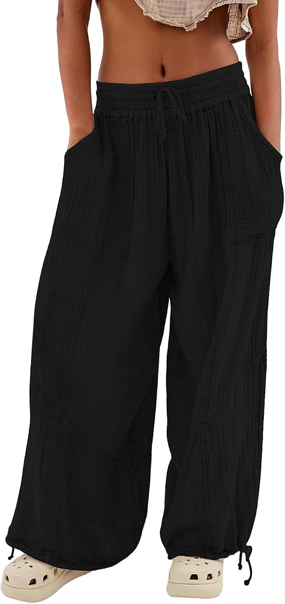 Zhyaj Women Casual Wide Leg Pants Loose Elastic High Waisted Drawstring Lounge Patchwork Baggy Pants with Pockets