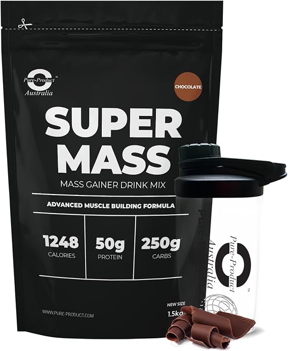 Pure Product Australia - Super Mass Gainer Protein Powder - 50g Protein per Serving, 250g Carbs, Supports Muscle Gain & Recovery 10.5Kg (22 lbs) Chocolate + Glass Shaker