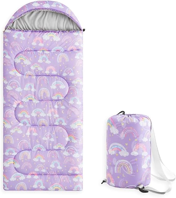Wake In Cloud - Kids Sleeping Bag for Girls Toddlers, Camping in Warm Cold Weather, Backpacking Lightweight Compact Outdoor Liner for 3 Seasons, Rainbow Clouds