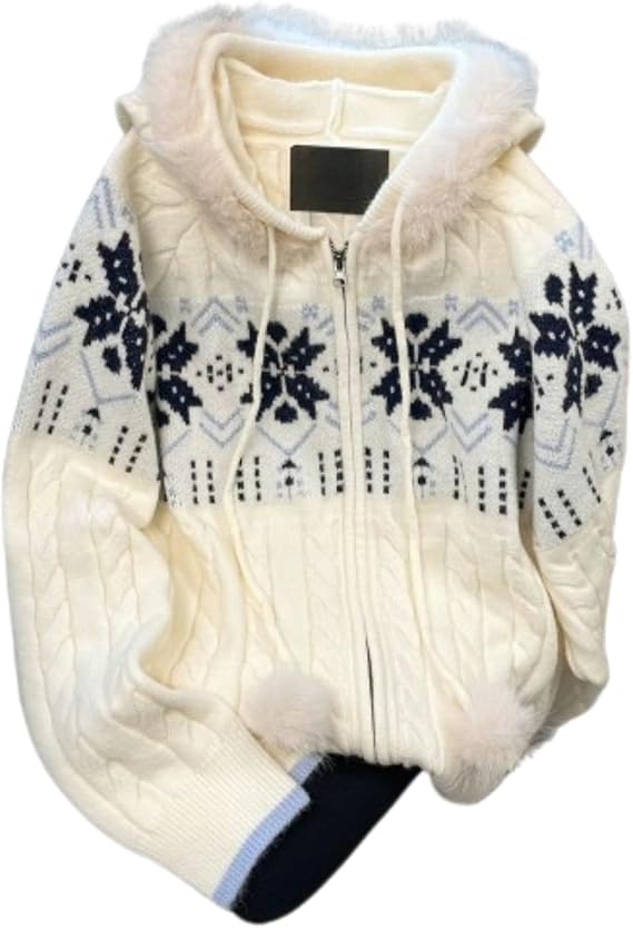 Fair Isle Cardigan for Women Zip Up Cardigan with Faux Fur Hood Long Sleeve Knit Sweater Winter Outerwear