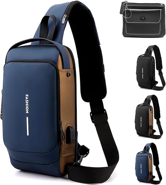 GDSAFS New Carbon Fiber Streamline Anti-Theft Sling Bag, Carbon Fiber Sling Bag, Usb Charging Sport Sling Shoulder Backpack (Blue With Brown)
