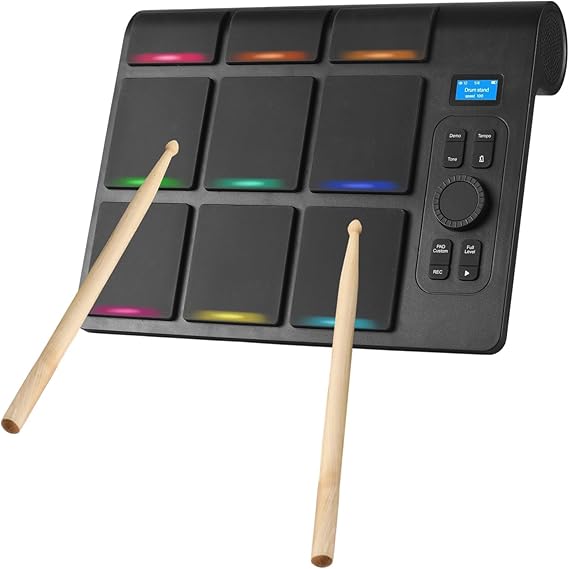 Electronic Tabletop Drum Set with Speaker 9 Pads Color Lighting MIDI Various Audio LCD Adjustable Sensitivity Practice Kit Drumsticks Foot Pedal for Home Drummers