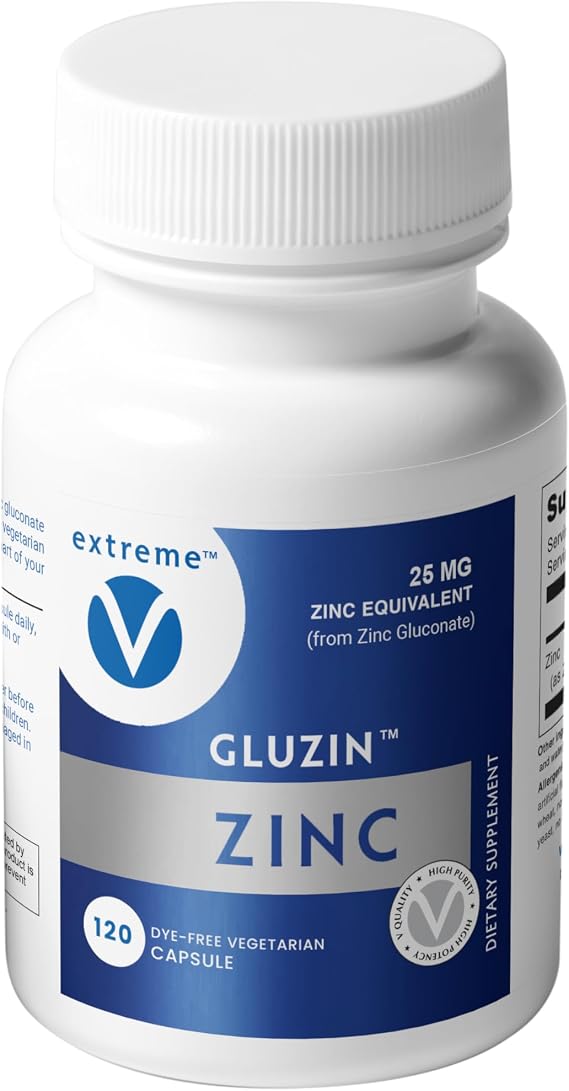 GluzinTM Zinc Supplement 25 mg | Zinc Gluconate | Clean-Label, 120 Small Vegetarian Capsules | Gentle, Low-Dose Option for Daily Support