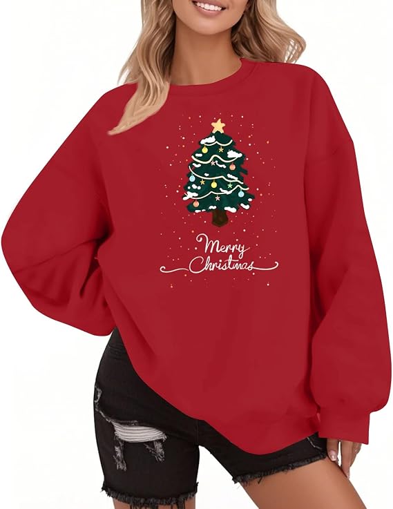 Gumipy Christmas Crewneck Sweatshirts Women Christmas Tree Graphic Oversized Sweatshirt Plus Size Long Sleeve Fleece Pullover
