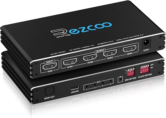 HDMI 2.1 Splitter 1x4 4K 120Hz Audio Extractor VRR ALLM HDCP2.3 HDR10+ SPDIF Optical Audio EDID,Copy,Downscale, HDR for Game PC Xbox PS5 Roku Fire TV
