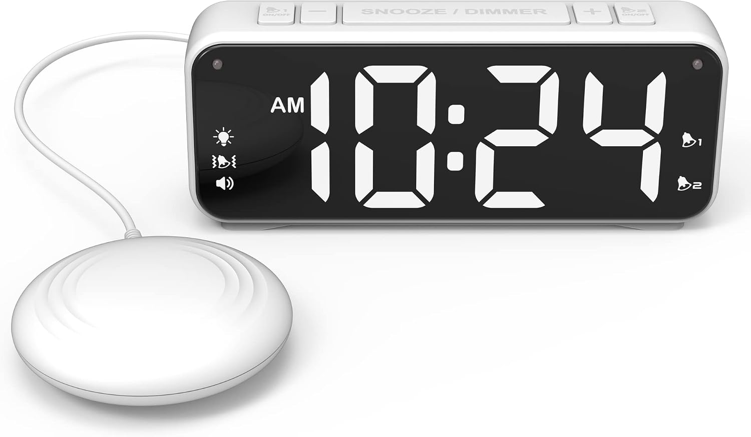 Extreme Powerful Vibration Alarm Clock  Extra Loud Alarm for Heavy SleeperDeafHearing Impaired, Extra Large Display for Elderly with Dual Alarm, Snooze and 5-level Adjustable Brightness WHITE
