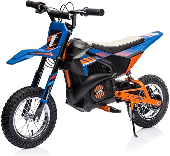 24V Electric Off-Road Motorcycle,250W Motor 13.6MPH Fast Speed Motocross,Leather Seat Dirt Bike,Twist Grip Throttle,Metal Suspension,Air-Filled Tires,for Kids Teens (Blue)