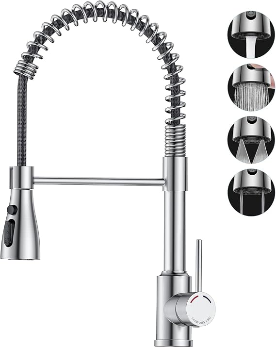 Kitchen Mixer Tap with Pull Down Sprayer, Commercial Spring High Arc Tap, Stainless Steel Sink Tap, 360° Swivel, Single Lever, 4 Function Spray Modes