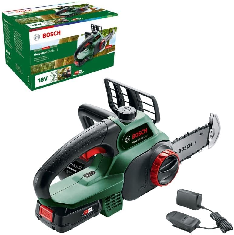 Bosch Home and Garden EasyChain 18 Cordless Chain Wood Cutting Machine, Green, 18V, 1 Battery, 20cm Machete Length, 13.5cm Cutting Length
