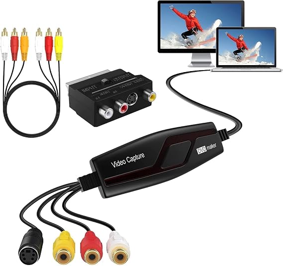 Video Capture Card USB 2.0, RCA to USB Video Capture Device, Digital Video Converter to Save Digital Files for Your Mac OS X Windows 7 8 10 PC, One Touch VCR TV to DVD, Black