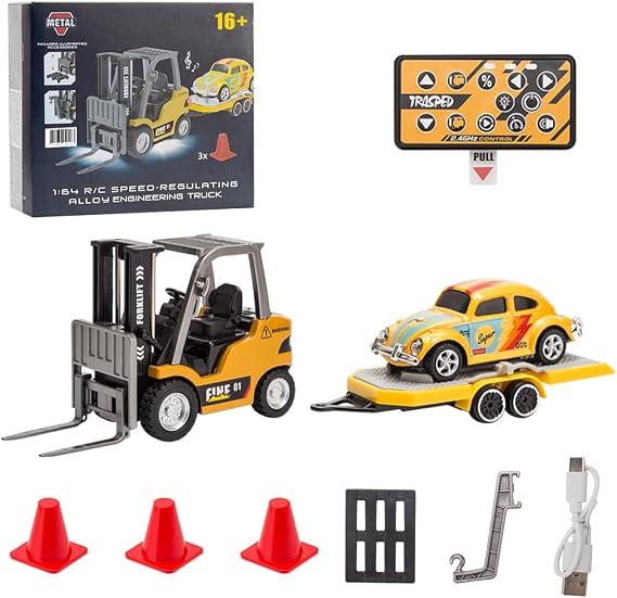 RC Forklift Truck with Trailer 1/64 Mini Alloy Remote Control Forklift, 2 Mode Speed Truck with Cargo Hook, Pallets, RC Construction Vehicles for Adult