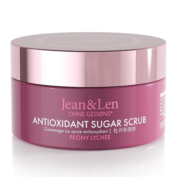 Jean & Len Antioxidant Sugar Scrub Peony & Lychee, for a fragrant cleansing experience, with rich oils, minimalistic jar, sugar scrub without parabens & silicones, 8.82 Fl. Oz.