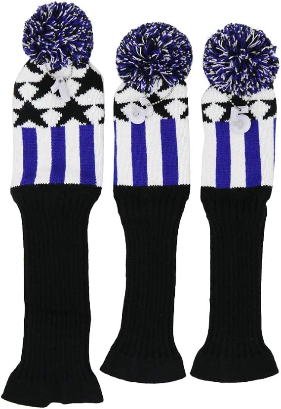 3pcs Knitted Golf Club Head Covers for Driver and Fairway Woods Headcovers Set (Argyle/Stars and Stripes Pattern)