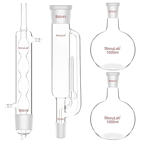 stonylab Borosilicate Glass Soxhlet Type Extraction Apparatus, 60/45 Soxhlet Extractor and Allihn Condenser with Two 1 L 29/42 Flat Bottom Flasks Lab