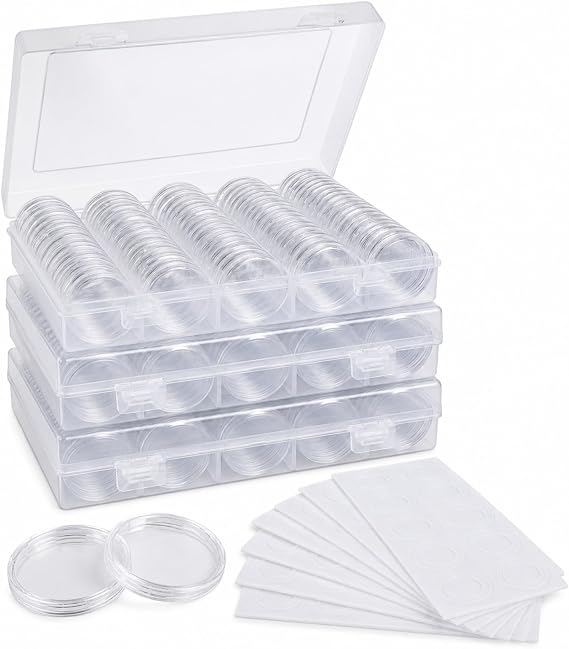 APACALI 300 PCS Coin Capsules Holders for Collectors, 30mm Clear Plastic Coin Cases with Foam Gaskets, Coin Collection Supplies Storage Box for 17/20/25/27/30mm Coins
