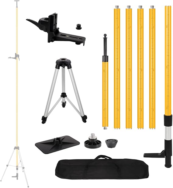 12 Ft+1.7Ft/3.6M+0.6M Professional Lasers Level Pole with Tripod, Adjustable Telescoping Pole for Leveling Tools, Multi-functional Fine-tuning Bracket with 1/4 and 5/8 Thread Adapters, Includes Bag