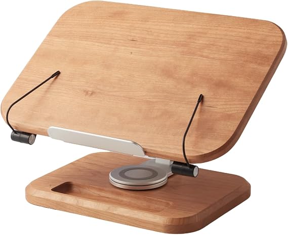 Book Stand for Reading, Mayhas Adjustable Book Holder with 360 Swivel Base&Page Clips, Foldable Desktop Stand for Cookbook, Fits All Books (Cherry Wood, Wood Base)
