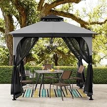 Sunjoy 9 ft. x 9 ft. Gazebo with 2-Tier Canopy Roof, Steel Frame Soft top Gazebo with Ceiling Hook and Mosquito Netting, Grey and Black