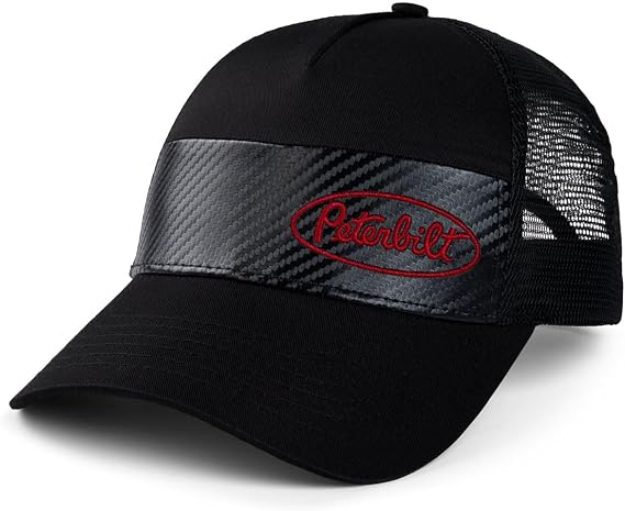 PETERBILT Carbon Fiber Trucker Hat, Black Mesh Cap with Red Logo, Adjustable Snapback