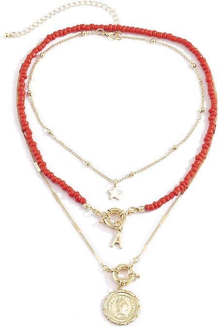 Wycian Modern Necklace, Layered Necklaces for Women Aesthetic Layers Gold Alloy Star and Letter A with Red Bead 42CM Jewelry for Women Women Necklace