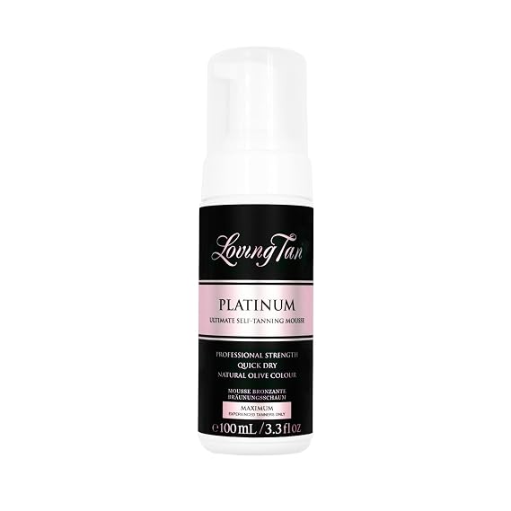 Loving Tan Platinum Self Tanning Mousse, Dark -Streak Free, Natural Looking, Professional Quality Self Tanner -5+ Self Tan Applications per Bottle, Naturally Derived DHA- 3.3 Fl Oz -Packaging May Vary