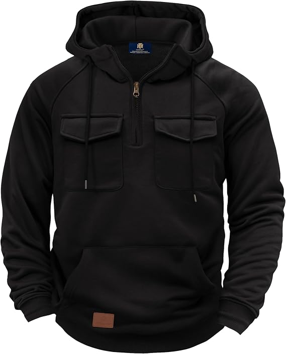 Herberton Cargo Hoodie Sweatshirt Tactical Quarter-Zip Workwear with Pocket | Durable Zipper, Raglan Sleeve, Kangaroo Pocket, Midweight, Pullover, Workout, Athletic, Outdoor, Comfortable, Machine Wash
