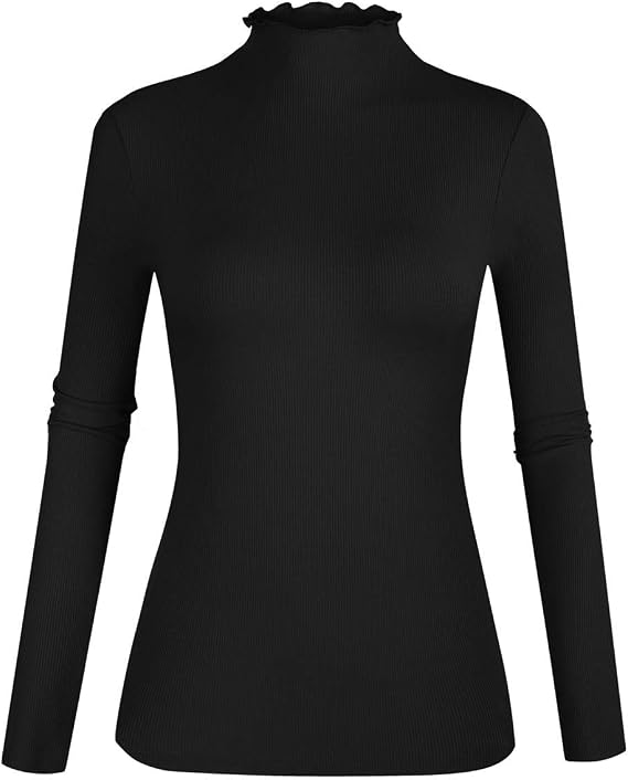 POPZONE Women's Lettuce Trim Mock Neck Long Sleeve Slim Fit Ribbed Knit Tee Shirt Tops