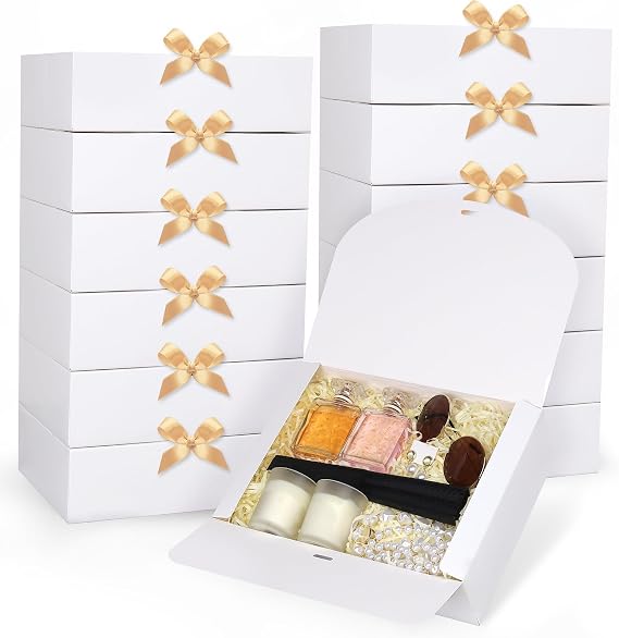GXFCING 12 Pack White Gift Boxes with Lids 27 x 20 x 8 cm Large Bridesmaid Proposal Present Box Rectangular Party Favor Packaging Boxes with Gold Ribbon for Wedding Birthday Christmas Festival
