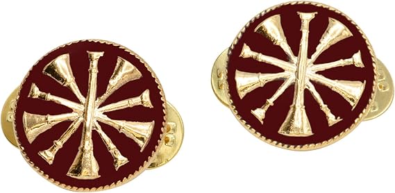 Smith & Warren Red Five crossed Fire Chief Bugles On Round Disc Collar Insignia Gold Finish Fire Uniform Pin