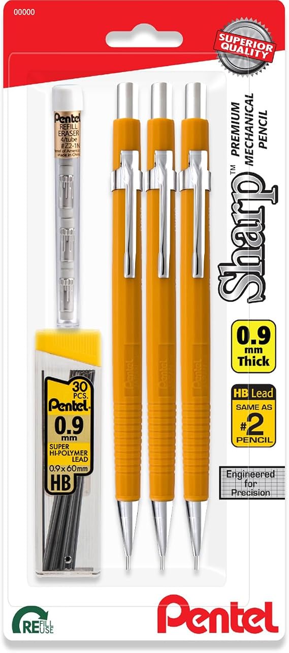 Pentel Sharp Mechanical Pencil 0.9mm With Lead & Eraser Refills, Yellow Barrel - Pack of 3
