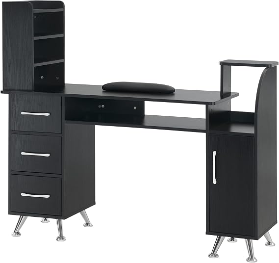BarberPub Nail Desk with Open Shelves, Storage Drawers, Cabinet Black 2636