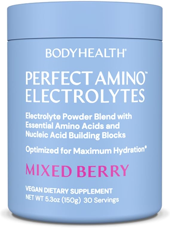 BodyHealth PerfectAmino Electrolytes Powder No Sugar, Keto Sugar Free Fasting Electrolytes Drink Mix, Hydration Powder with Trace Minerals - Mixed Berry - 30 Servings