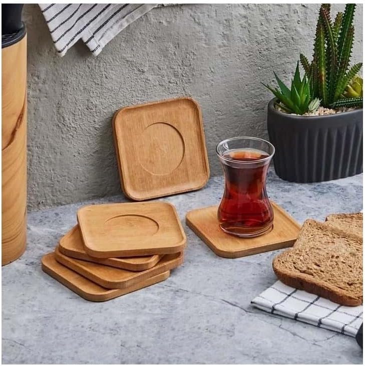 Orret Home 6Adet Bambu Çay Tabağı, Çay Bardağı Altlığı, Estetik Sunum Sunumluk, Doğal Malzeme, Çevre Dostu ve Şık Tasarım (Kare)