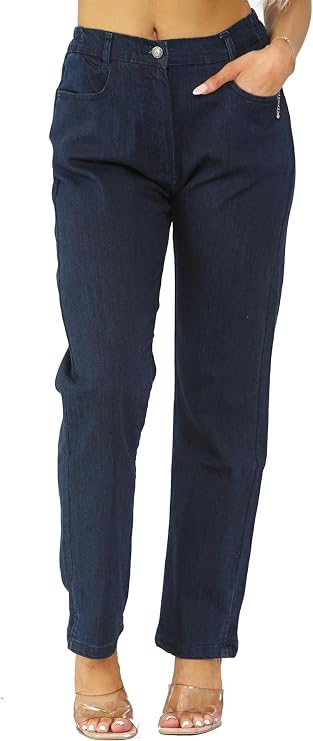 MYT Womens Side Elastic Waist Jeans Ladies Straight Leg Regular Fit Denim Pants All Waist Leg Sizes UK 10-24