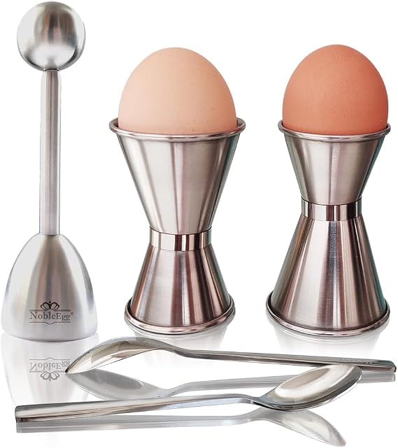 NobleEgg Egg Cups for Soft Boiled Eggs, All Sizes, Topper, Spoons, 18/8 Stainless Steel, Set for 2