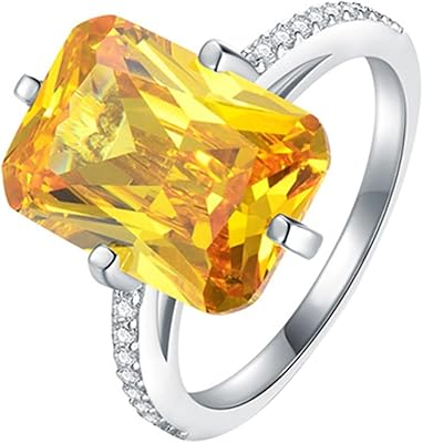 Yellow Cubic Zirconia Gold 925 Silver Promise Ring for Her Silver, Big Stone Stackable Finger Rings for Women Size 5-10