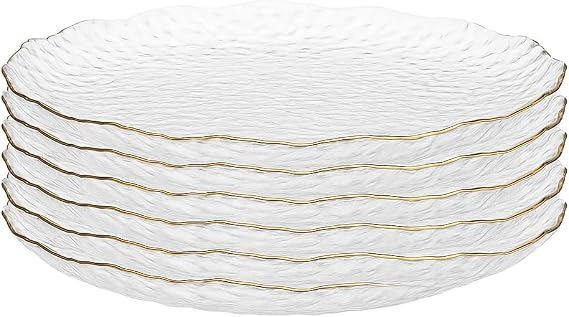 Hammered Glass Dinner Plate with Gold Rim – Elegant Textured Ice Crystal Design, Irregular Scalloped Edge, Clear Glass Serving Plate for Desserts, Salads & Main Dishes 10" (25.5cm)