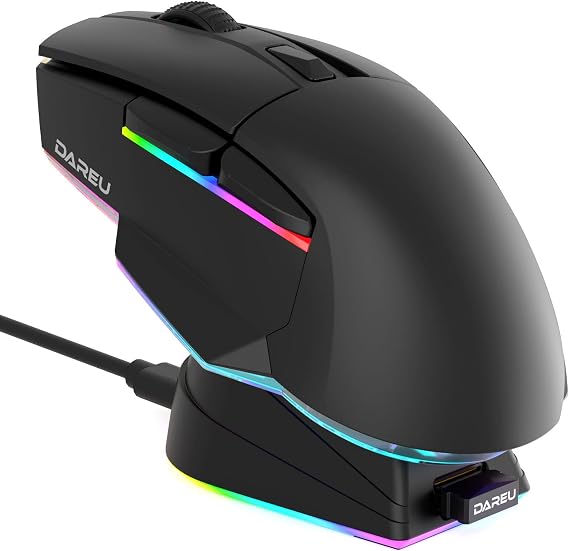 DAREU A955 Lightweight Wireless Gaming Mouse with RGB Charging Dock: Tri-Mode 2.4G/USB-C/BT Mouse Up to 12K DPI Optical Sensor -KBS II Buttons Fully Programmable- 120 Hr Battery