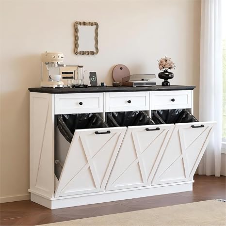 Triple Tilt Out Trash Can Cabinet with Power Outlets, 13 Gallons Garbage Can Recycling Cabinet with 3 Drawers, Wooden, Pet Proof, Farmhouse, White
