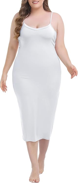 Vlazom Women's Plus Size Full Slip Dresses Adjustable Spaghetti Strap Under Dresses Long Nightgown V-Neck Cami Dress