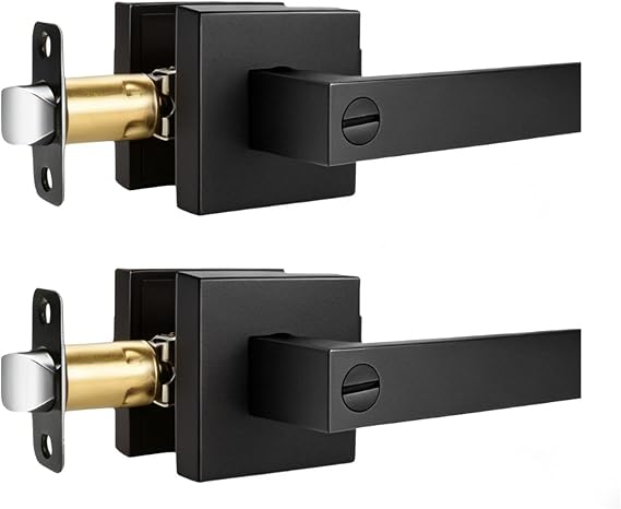 2Pack Matte Black Privacy Door Handles Internal with Lock,Fits 35-53mm Door | with Turn-Button Lock,Keyless Bathroom Door Levers,Square Aluminum Alloy,for Bedroom,Bathroom,Left&Right Handled