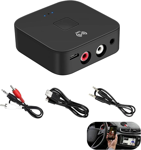 5.0 Bluetooth Audio Receiver Adapter, 3.5mm AUX or RCA Input NFC Wireless Bluetooth Receiver, Bluetooths Adapter for Car Laptop Speaker Home Stereo Theater Amplifier Audio Headphone(Black)