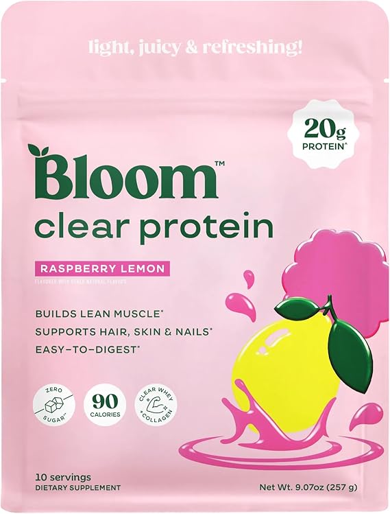 Bloom Nutrition Clear Whey Protein, Raspberry Lemonade, 10 Servings | Whey Protein Isolate with Collagen Peptides & Digestive Enzymes, 20g Protein, Sugar Free Post Workout Drink Mix, 90 Calories