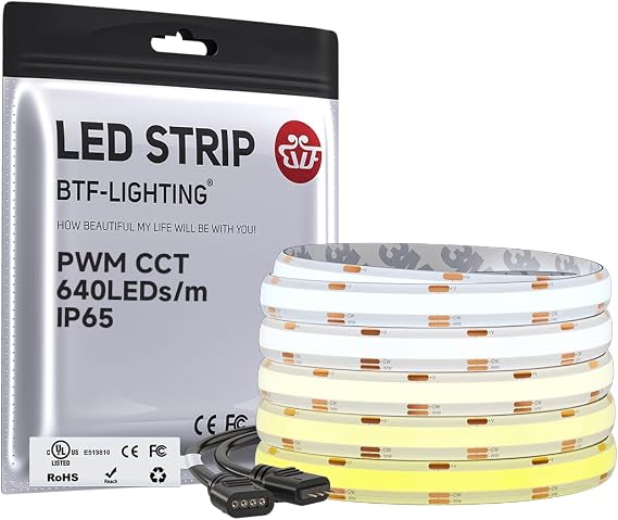 BTF-LIGHTING 16.4FT CCT COB LED Strip IP65, DC24V Tunable White 3000K-6000K