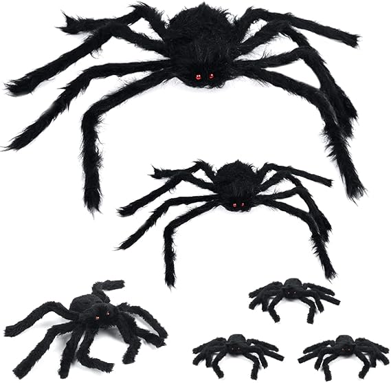 6 PCS Halloween Giant Large Big Spiders Decoration Set, Realistic Hairy Spider with Red Eyes and Bendable Legs for Scary Outdoor Yard Decor, Black