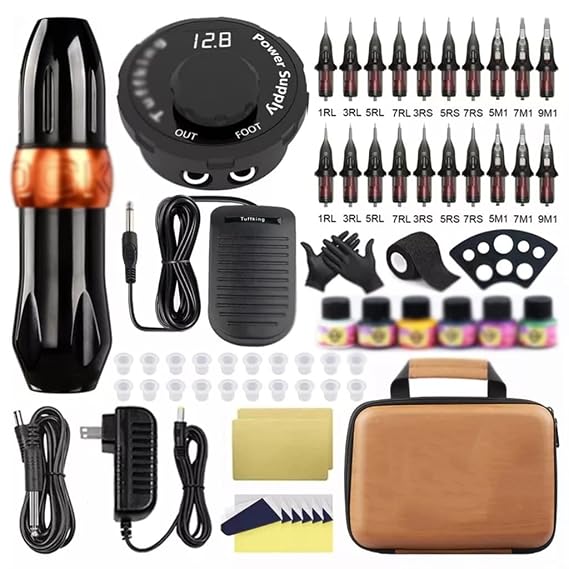 Tattoo Machine Kit Rotary Pen Set with 20PCS Cartridges Needles Paint Ink for Body Art