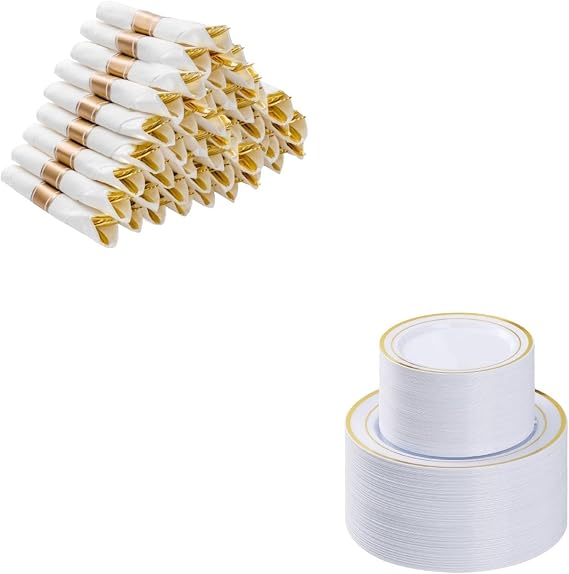 BESTVIP 300PCS Gold Plastic Plates and Silverware for 100 Guests, Pre Rolled Gold Plastic Silverware, Gold Plastic Plates for Party, Birthday